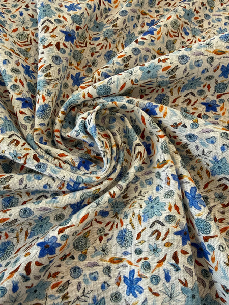 Viskose Leinen   "Blaue Blumen "
